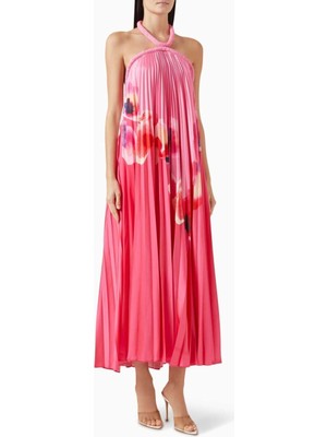 Acler Pembe Fixby Plise Maxi Elbise - Orkide Desenli - Krepe Kumaş - Halter Yaka - Gizli Arka Fermuar