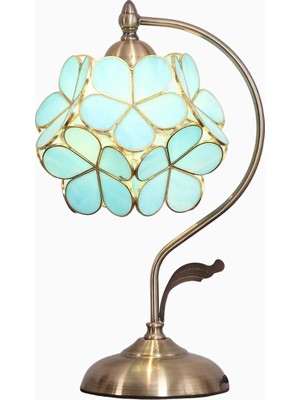 Bieye L30753 El Yapımı Tiffany Vitray Çiçek Yapraklı Pirinç Masa Lambası
