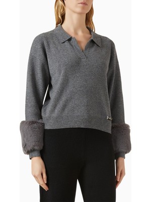 Izaak Azanei Faux Cuff Polo Sweater, Gri Şık ve Lüks Kadın Yün-Kaşmir Kazak