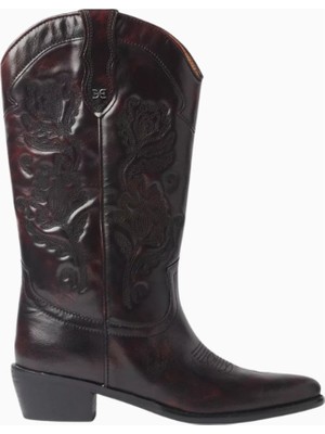 Sam Edelman Rue Bordo Deri Nakış Detaylı Sivri Burun Alçak Topuklu Western Kadın Bot