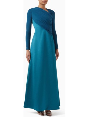Eegen Studio Drapeli Maxi Elbise Uzun Kol, Asimetrik Yaka, Taffeta Kumaş