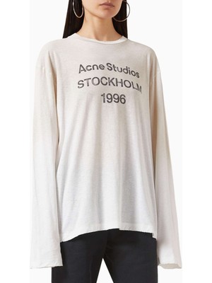 Acne Studios Beyaz 1996 Logo Baskılı T-Shirt - Pamuk Karışımı - Oversize Kesim ve Aşınmış Detaylar