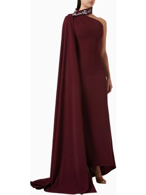 Ac By Aanchal Chanda Sequin-Embellished Cape Gown Kırmızı Pelerinli Payetli Gece Elbise