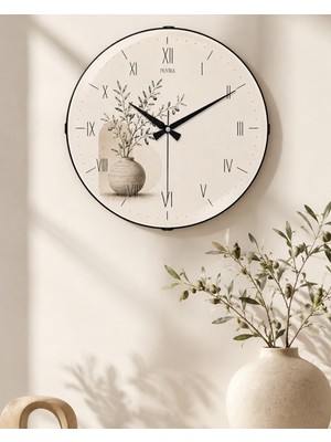 Wabi Sabi Duvar Saati 36 cm Bombe Camlı Muyika Vazo Zeytin Dalı Sessiz Akar Boho Modern Salon