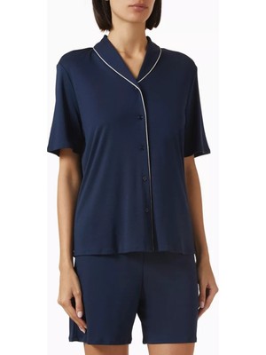 Hanro Natural Comfort Lyocell Lüks Pijama Seti Lacivert Kontrast Biyeli Tasarım
