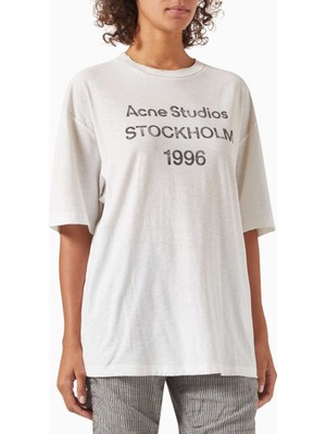 Acne Studios 1996 Logo Baskılı T-Shirt - Beyaz - %85 Pamuk %15 Keten Karışımı