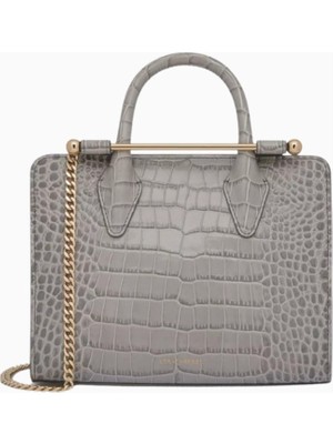 Strathberry Mini Tote Gri Croc Deri Top Handle, Lüks El ve Omuz Çantası