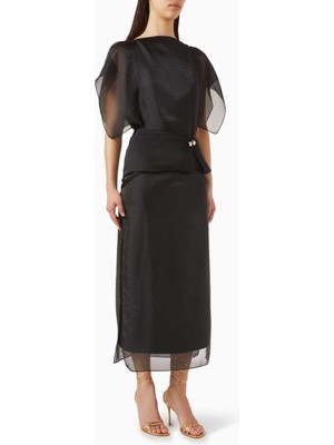 Eegen Studio Elegen Farida Midi Elbise - Taffeta, Şık Asimetrik Kollar, Geniş Ayrılabilir Bel Kemerli Tasarım