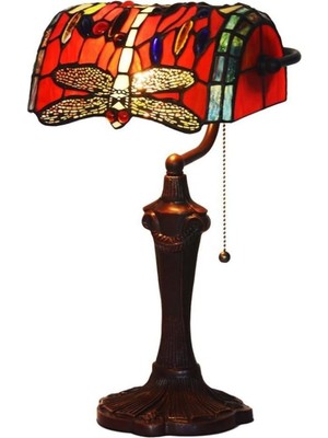 Home London Breeze Tiffany Tarzı Yusufçuk Banker Vitray Masa Lambası, Kırmızı, El Yapımı