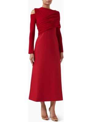 Eegen Studio Asimetrik Midi Elbise Femininliği, Cold-Shoulder & Uzun Kollu Tasarım