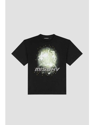 American Rag Cie Siyah 2001 Slime T-Shirt - Kristal Kesim Detaylı Pamuk Tişört