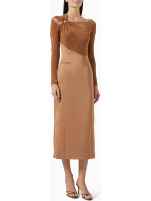 Eegen Studio Eleanor Midi Dress - Zarif Tasarım, Altın Yüzük Dekolteli, Uzun Kollu, Etkileyici Midi Elbise