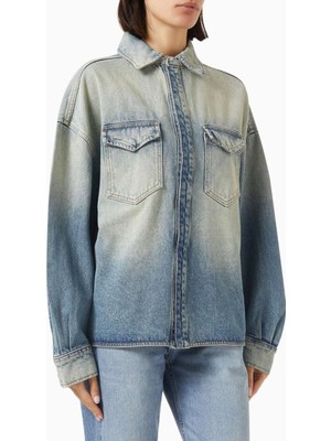 EB Denim Denim Gömlek Ceket - Mavi - Relaxed Silüet, Klasik Yaka, Uzun Kol, Gradient Yıkama