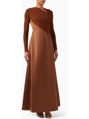 Eegen Studio Drapeli Maxi Elbise Uzun Kol, Asimetrik Yaka, Taffeta Kumaş