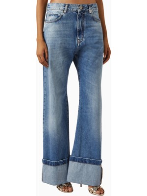 Pinko Wanda Turn-Up Wide-Leg Jeans, Lüks Mavi Denim Pantolon Katlı Paça Detaylı