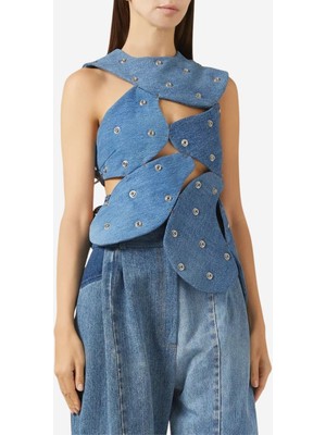 A.w.a.k.e. Mode Upcycled Denim Stud-Embellished Island Top, Mavi