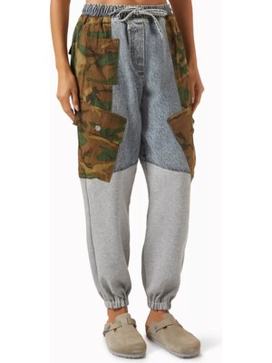 3.1 Phillip Lim Patchwork Kamuflaj Denim Sweatpants Rahat Kesim, Elastik Bel ve Paça