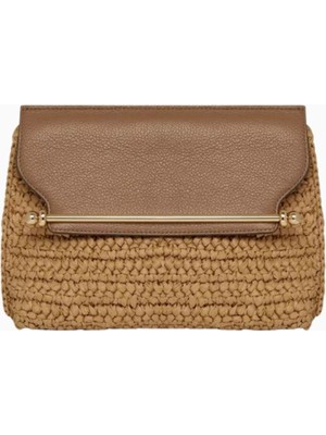 Strathberry Stylist Crossbody Raffia ve Kil Rengi Dana Deri Lüks Çanta, Günlük ve Gece Kullanımı