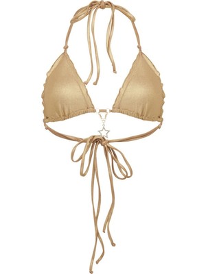 Agent Provocateur Berry Gold Halter Bikini Üstü Ayarlanabilir Fırfırlı, Italyan Metalik Kumaş, Kristal Yıldız Detay
