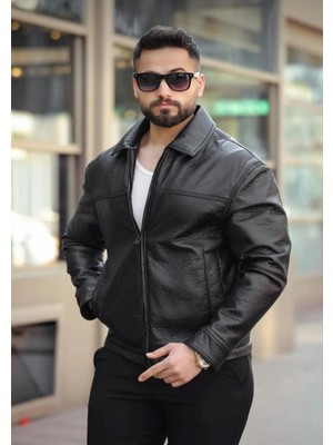 Yusk Oversize Erkek Siyah Deri Ceket