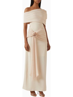 Ac By Aanchal Chanda Off-Shoulder Rose Drape Gül Drapeli Omuz Dekolteli Uzun Kadın  Elbise