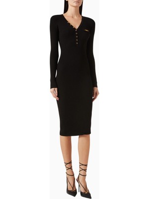 Elisabetta Franchi Ribbed Midi Triko Elbise, Lüks Günlük Şıklık