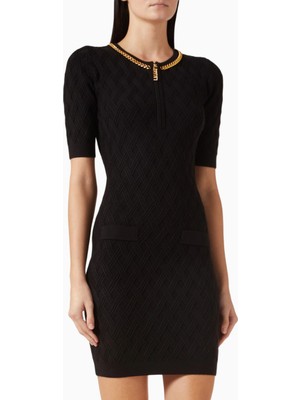 Elisabetta Franchi Diamond Trim Jakar Triko, Metal Detaylı Mini Elbise