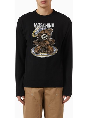 Moschino Yün Karışımlı Logo Kazak, Siyah, Ön Logo Detaylı, Ribanalı Manşet ve Etek Ucu