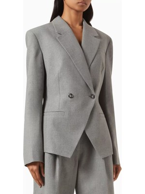 Linen-Blend Suit Blazer, Koyu Gri, Bel Oturtmalı ve Şık Ceket