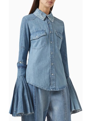 Awake Mode Recycled Denim Bell-Sleeve Lüks Kadın Gömlek