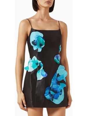 Acler Parrfold Mini Elbise - Siyah-Mavi - %65 Polyester, %35 Pamuk - Petal Detaylı, Kaplamalı Kumaş