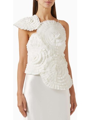 Acler Trusley Rosette Top - Beyaz - %100 Polyester Crepe - Organza Rosette Detaylı Tek Omuz Üst