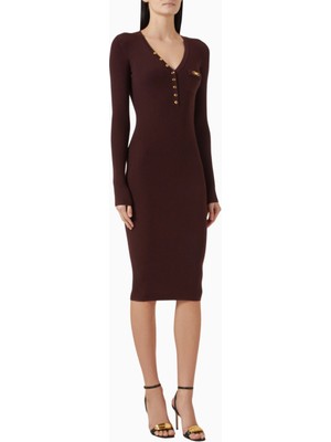 Elisabetta Franchi Ribbed Midi Triko Elbise, Lüks Günlük Şıklık