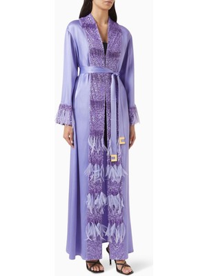 Elisabetta Franchi Şık Ipek Kaftan Elbise Dantel Işlemeli Uzun Kollu ve Metal Kemerli Tasarım