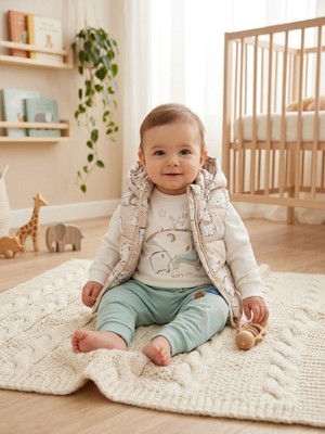 Baby Hi 3'lü Kapitone Unisex Bebek Takım 6-9 Ay 9-12 Ay 12-18 Ay Ayı Desenli Yenidoğan Bebek Takım Ayı Desenli Kapüşonlu Yelek+Uzun Kollu Çıtçıtlı Body+Pijama