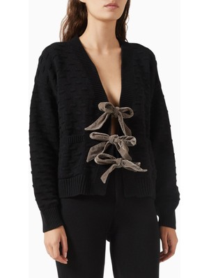 Izaak Azanei Velvet Bow Cardigan, Siyah Şık ve Lüks Kadın Triko Hırka