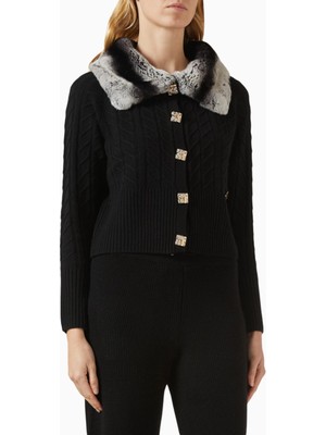 Izaak Azanei Fur-Trim Buttoned Cardigan, Siyah Şık ve Lüks Kadın Yün-Kaşmir Hırka