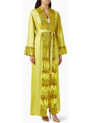 Elisabetta Franchi Şık Ipek Kaftan Elbise Dantel Işlemeli Uzun Kollu ve Metal Kemerli Tasarım