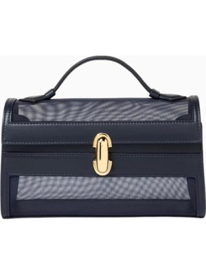 Savette Symmetry Navy Mesh ve Deri Top-Handle Lüks El Çantası