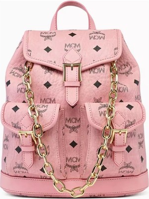 Mcm Mini Aren Pudra Pembe Visetos Altın Zincir Detaylı Lüks Sırt Çantası