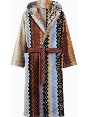 Missoni Unisex Giacomo Kapşonlu Bornoz, Pamuklu Kadife, Zikzak Desenli & Konforlu
