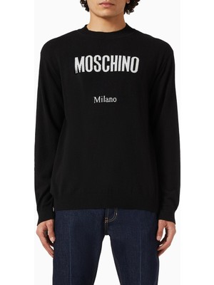 Moschino Yün Karışımlı Logo Kazak, Siyah, Ön Logo Detaylı, Ribanalı Manşet ve Etek Ucu