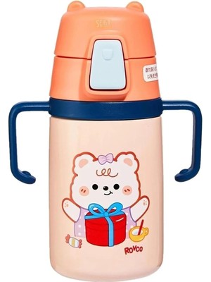 Generic 400ML Silikon Pipetli Sevimli Ayıcıklı Boyun Askılı Bebek Kulplu Paslanmaz Çelik Termos (Turuncu)