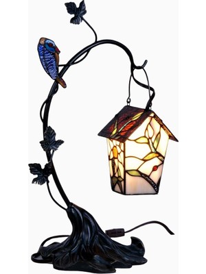 Bieye L30617 El Yapımı Tiffany Style Vitray Kuş Evi Masa Lambası Pembe