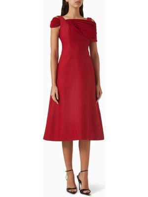 Eegen Studio Off Shoulder Toplu Midi Elbise - Şık, Fitted Bel ve A-Line Etek Tasarımı ile