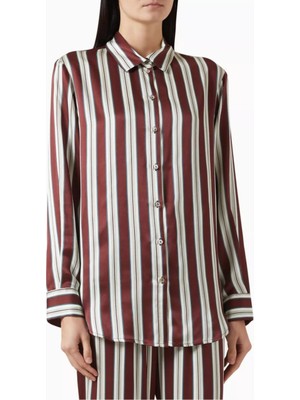 Asceno London Çizgili Ipek Charmeuse Gömlek Maroon Stripe