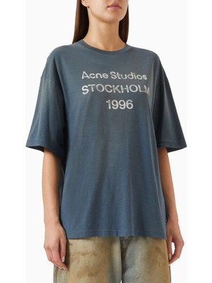 Acne Studios 1996 Logo Baskılı Tişört - Mavi - Pamuk Karışımı %85 Pamuk, %15 Kenevir
