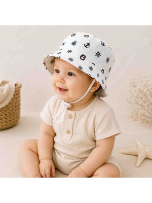 Minimiss Baby Beyaz Denizci Desenli Poplin Kumaş Erkek Bebek Çocuk Bucket Şapka