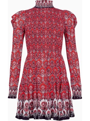 Alice and Olivia Elvira Büzgülü Yüksek Yaka Çiçek Desenli Mini Elbise