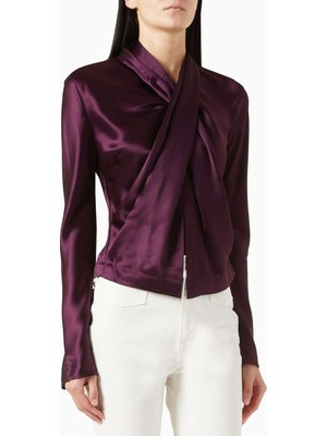Acler Koyu Mor Satin Bluz - Drapeli Ön - 76% Asetat, 24% Polyester - Şık ve Rahat